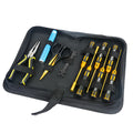 Titanium-plated screwdriver sets and sleeve pliers with sockets in a tool bag for RC model car maintenance.