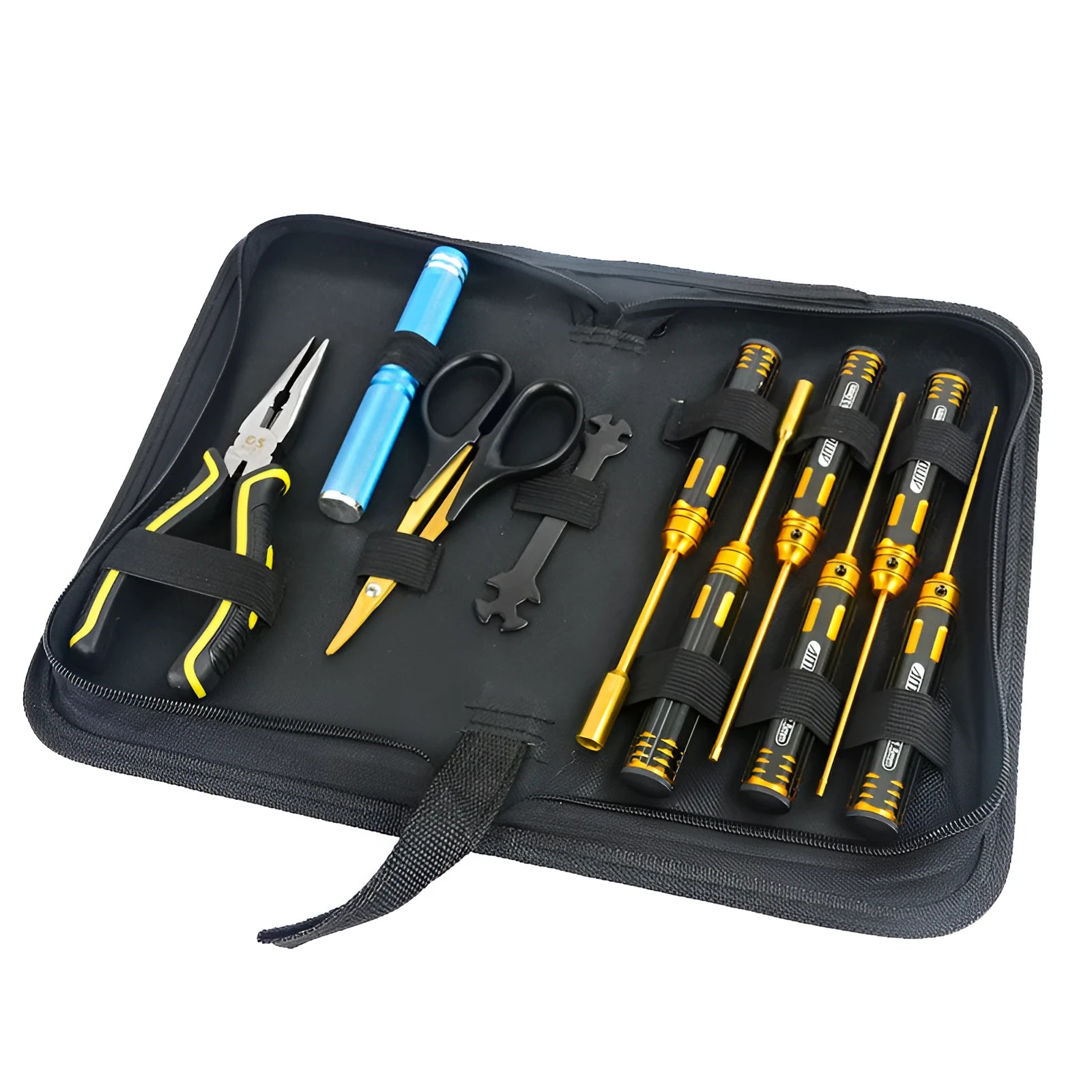Titanium-plated screwdriver sets and sleeve pliers with sockets in a tool bag for RC model car maintenance.