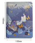 A5 hardcover notebook with Butterfly Series design, showing colour pages and bronzing detail.
