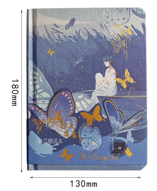 A5 hardcover notebook with Butterfly Series design, showing colour pages and bronzing detail.