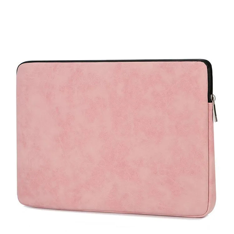 Flat black PU leather laptop bag liner with a soft handle and zipper for tablet protection.