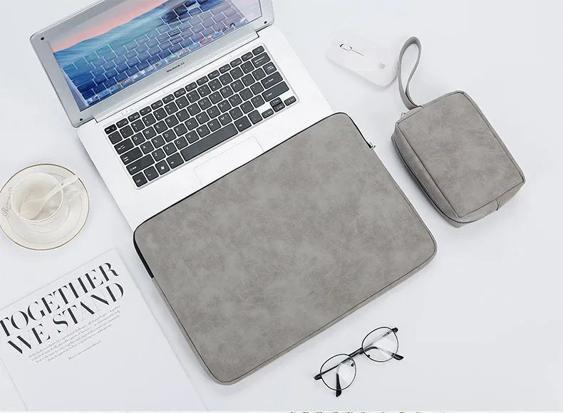 Flat black PU leather laptop bag liner with a soft handle and zipper for tablet protection.
