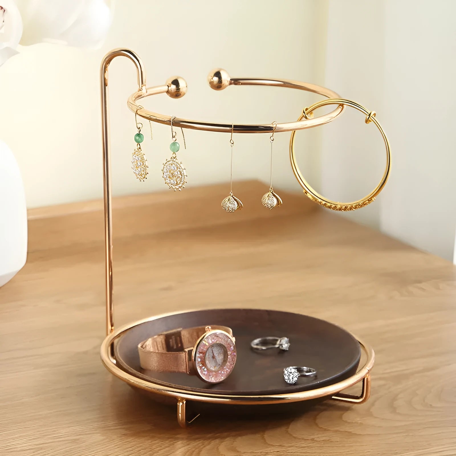 Walnut solid wood key rack with jewellery tray, wall mounted organiser
