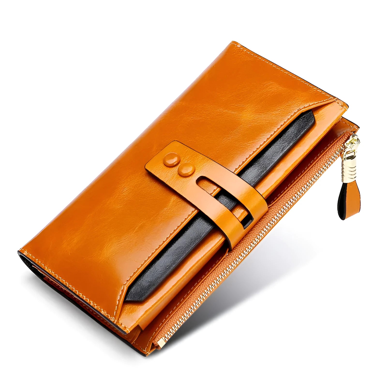 Women's oil wax leather wallet handbag with buckle closure showing internal card slots and compartments