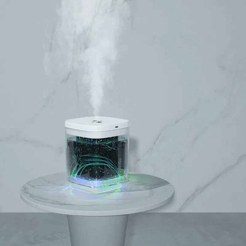 Square USB projection humidifier night light with aromatherapy in white colour on a wooden desktop