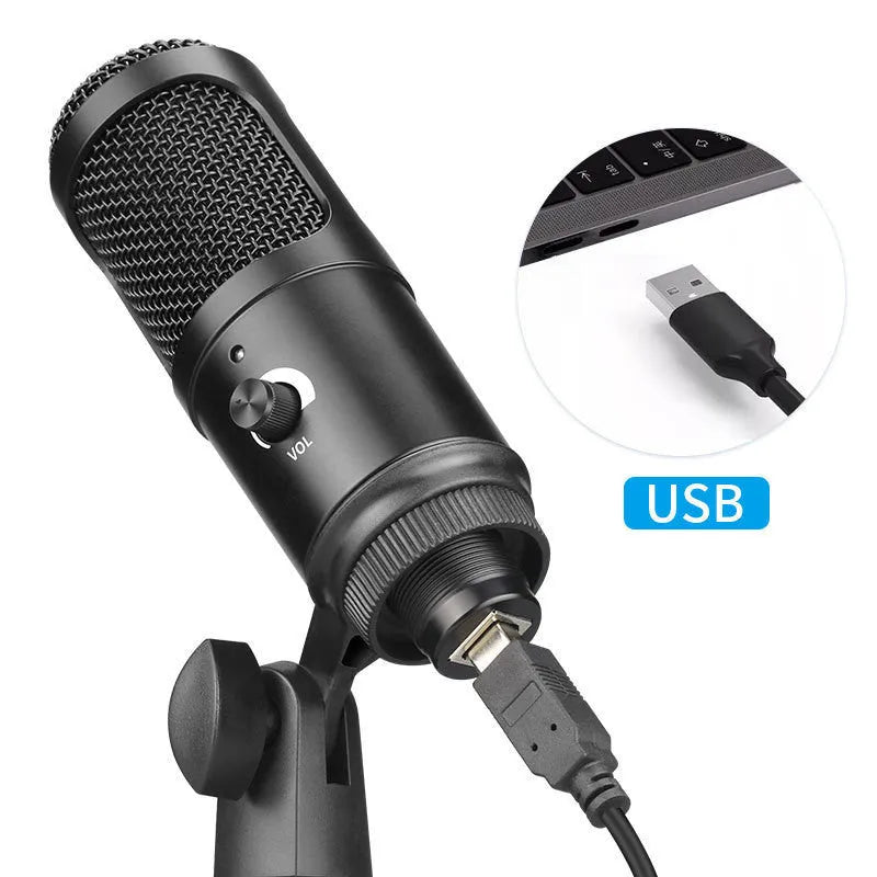 Black USB condenser microphone with wireless capability and mounting bracket for computer recording
