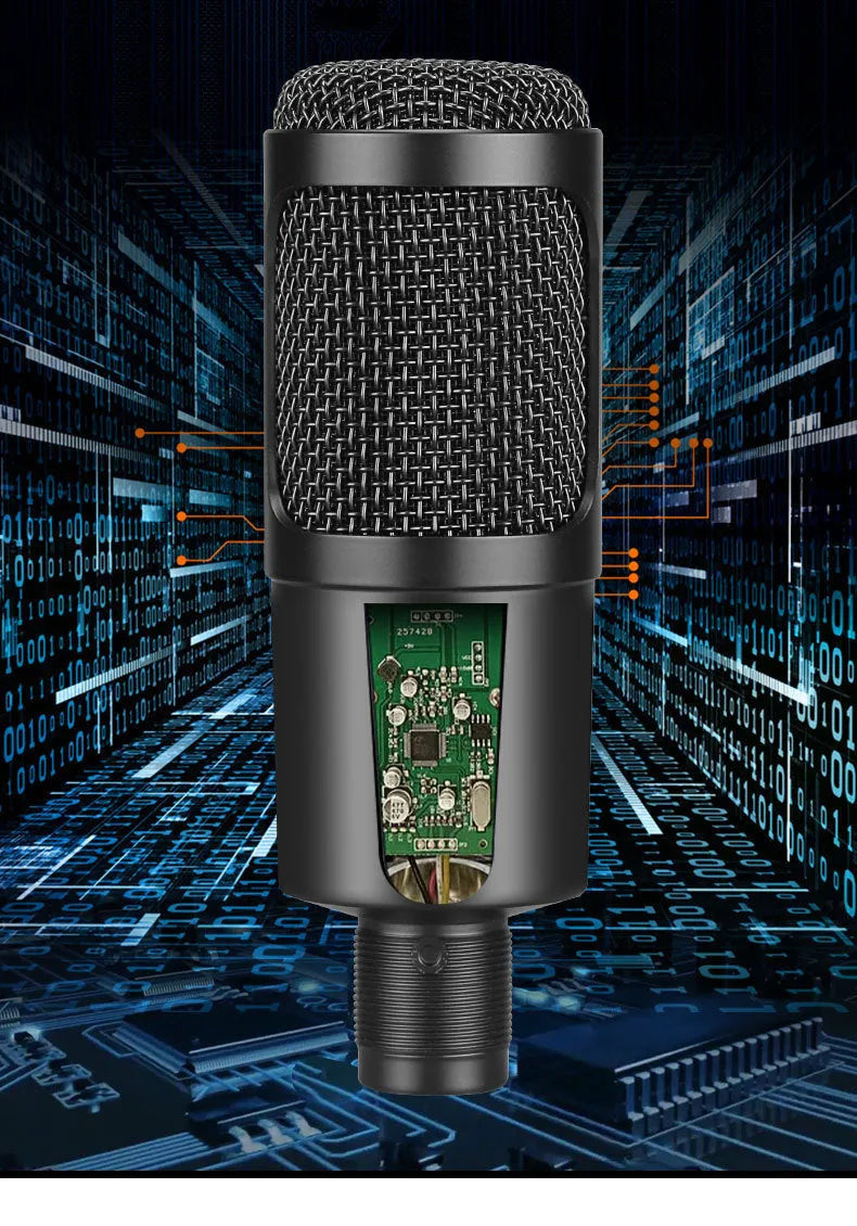 Black USB condenser microphone with wireless capability and mounting bracket for computer recording