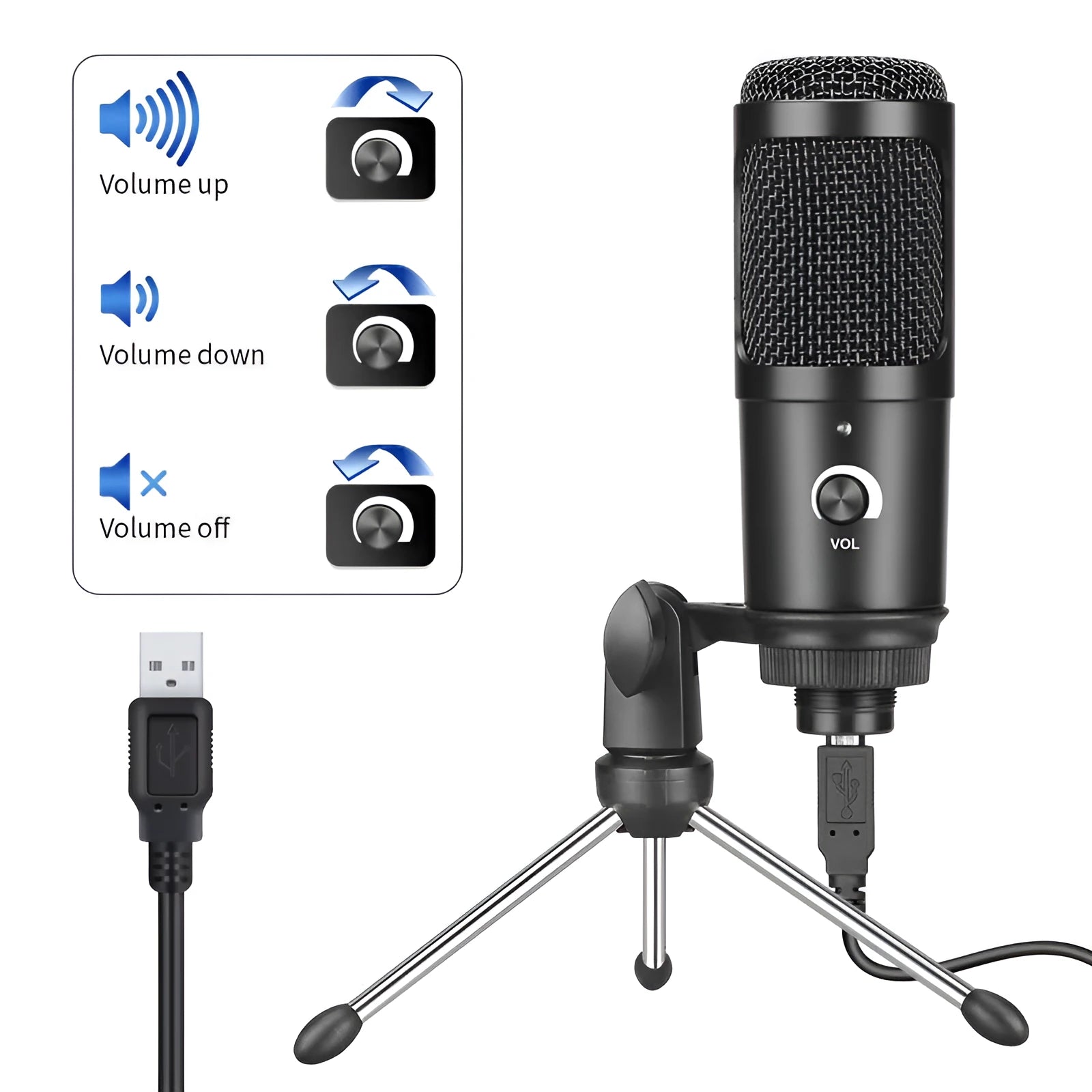 Black USB condenser microphone with wireless capability and mounting bracket for computer recording