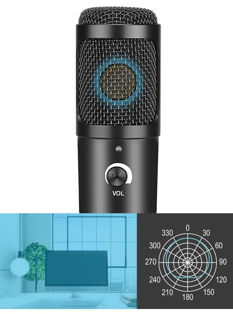 Black USB condenser microphone with wireless capability and mounting bracket for computer recording