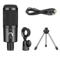Black USB condenser microphone with wireless capability and mounting bracket for computer recording