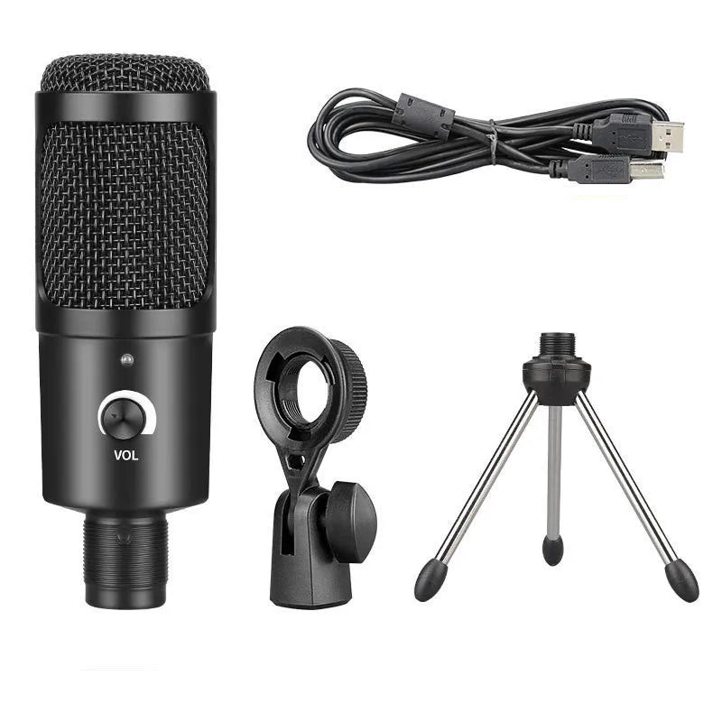 Black USB condenser microphone with wireless capability and mounting bracket for computer recording