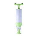Manual vacuum compression bag in green and grey colours showing ABS and TPU construction for wardrobe organisation