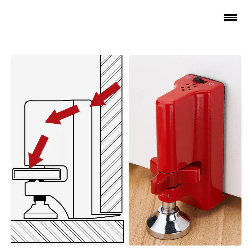 Jiadu Wolf Guard red door stopper alarm with 80dB sound, placed under a door seam for security