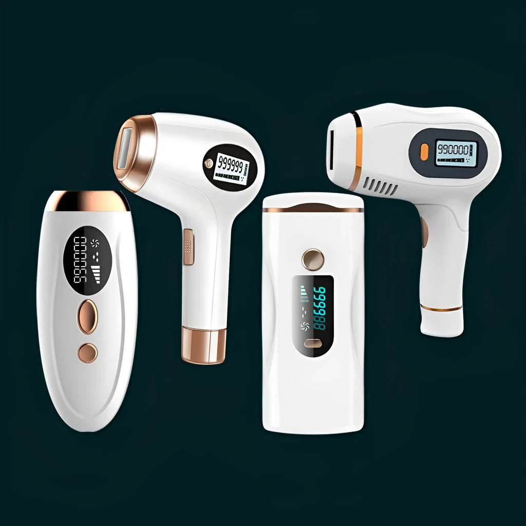 Laser hair removal device for whole body, AC electric, available in Pearl White and Dark green with free shaver and goggles options.