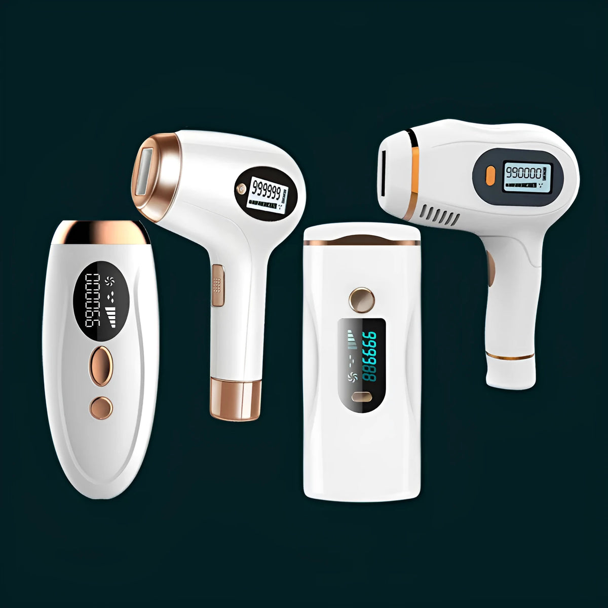 Laser hair removal device for whole body, AC electric, available in Pearl White and Dark green with free shaver and goggles options.