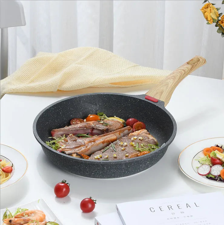 Korean style macadamite non-stick frying pan showing temperature indicator and double bottom construction