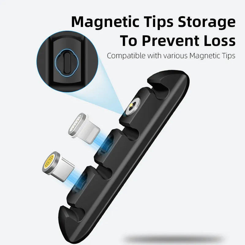 Black soft plastic desktop organiser for holding data and magnetic charging cables.