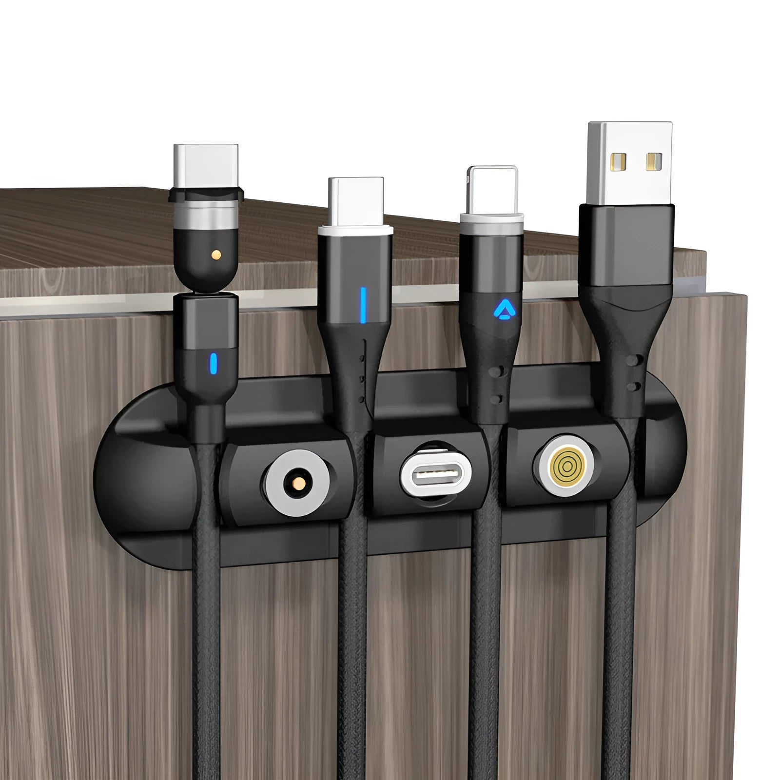 Black soft plastic desktop organiser for holding data and magnetic charging cables.