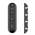 Black soft plastic desktop organiser for holding data and magnetic charging cables.