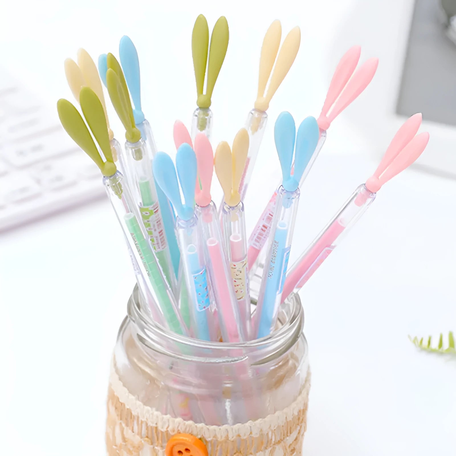 Cute cartoon luminous rabbit long ears gel pen with dust plug, fine 0.38mm tip, plastic shell, 18.5cm length