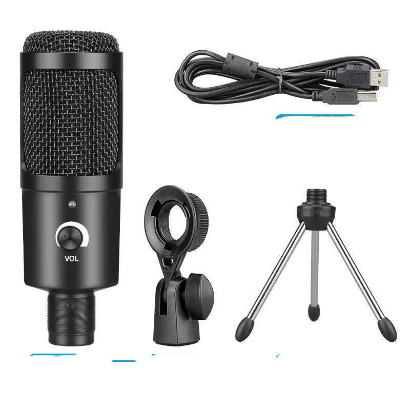 Black wireless condenser microphone with desktop stand for computer recording