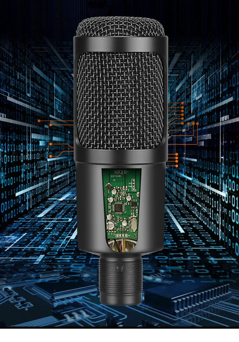 Black wireless condenser microphone with desktop stand for computer recording