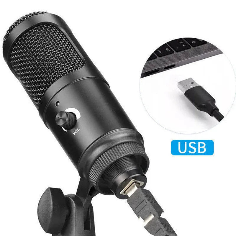 Black wireless condenser microphone with desktop stand for computer recording