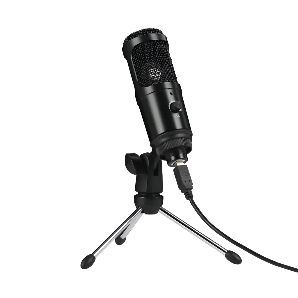 Black wireless condenser microphone with desktop stand for computer recording