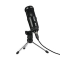 Black wireless condenser microphone with desktop stand for computer recording