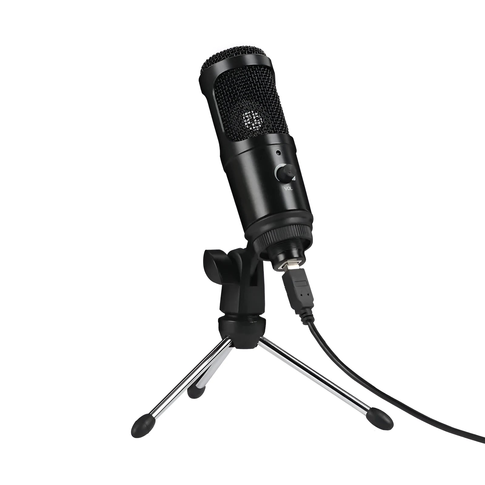 Black wireless condenser microphone with desktop stand for computer recording