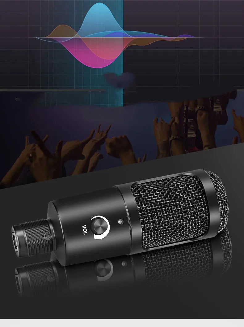 Black wireless condenser microphone with desktop stand for computer recording