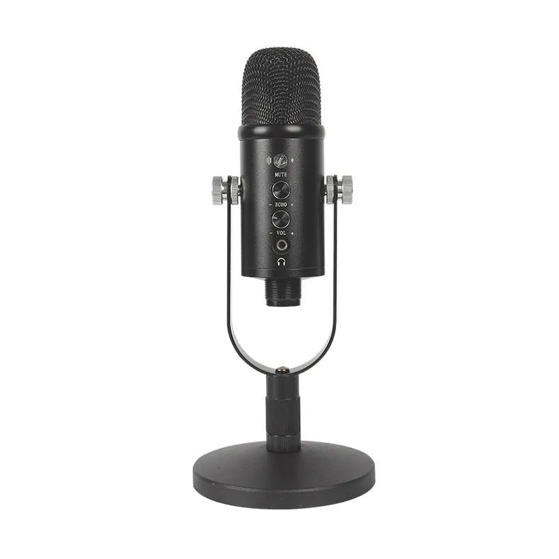 Black BM-86PRO USB condenser microphone on a metal stand with foam cover and cable.