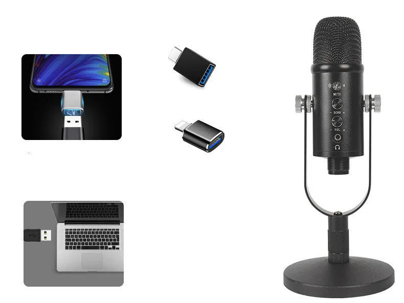 Black BM-86PRO USB condenser microphone on a metal stand with foam cover and cable.