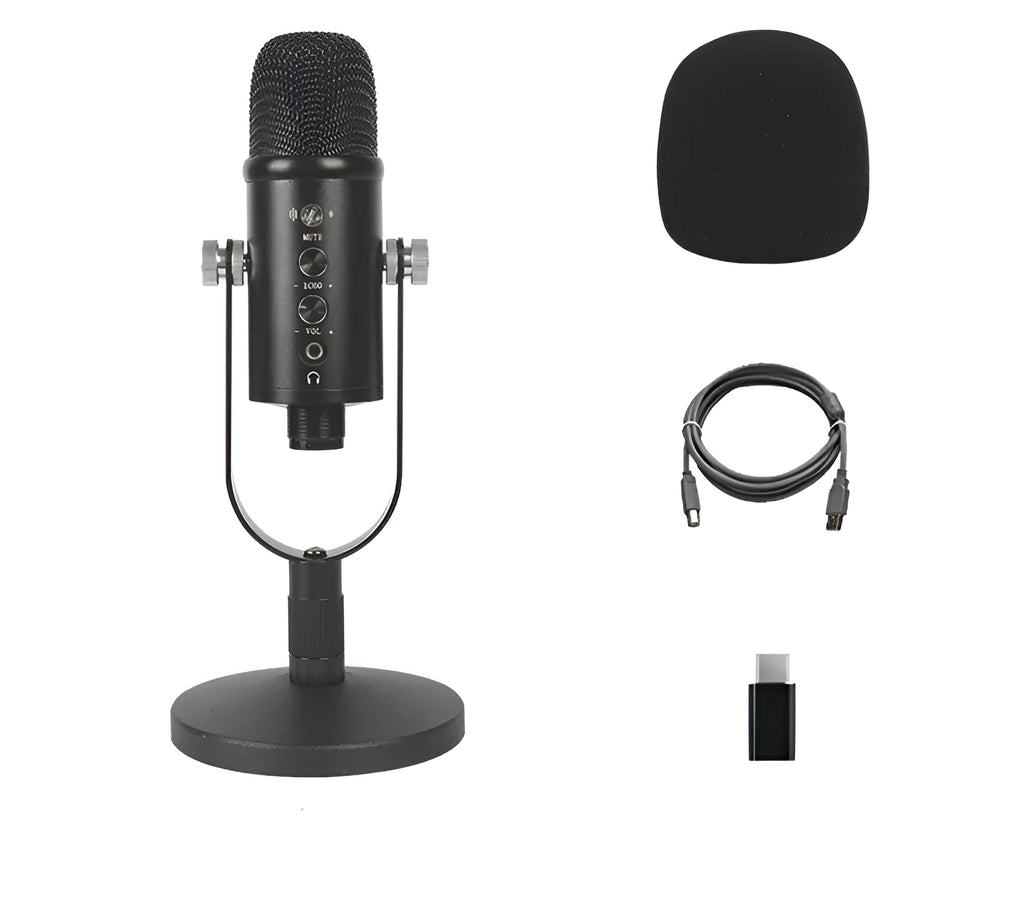 Black BM-86PRO USB condenser microphone on a metal stand with foam cover and cable.