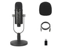 Black BM-86PRO USB condenser microphone on a metal stand with foam cover and cable.
