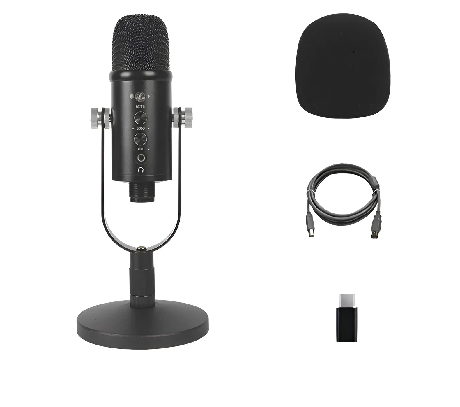 Black BM-86PRO USB condenser microphone on a metal stand with foam cover and cable.
