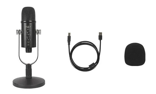 Black BM-86PRO USB condenser microphone on a metal stand with foam cover and cable.