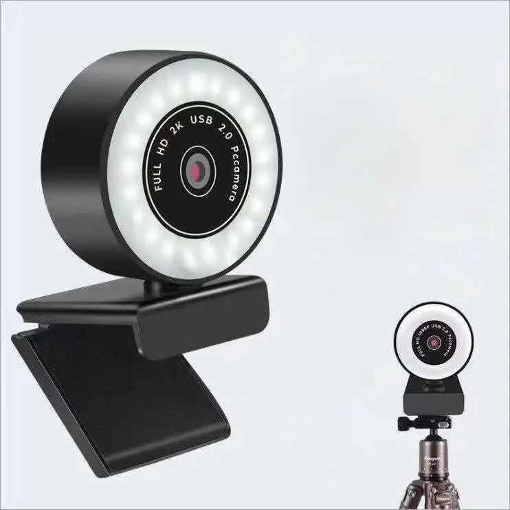 Black USB webcam with fill light for 1080p video conferencing on PC computers