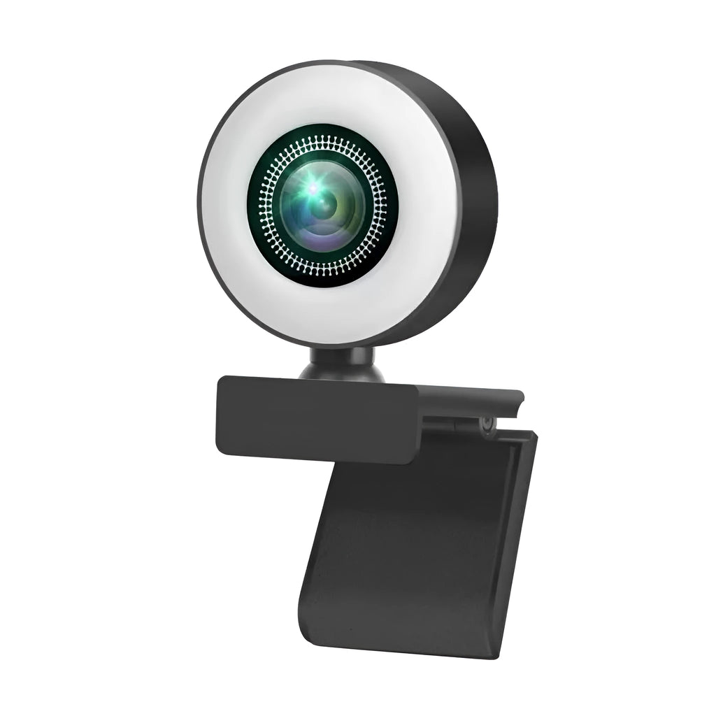 Black USB webcam with fill light for 1080p video conferencing on PC computers