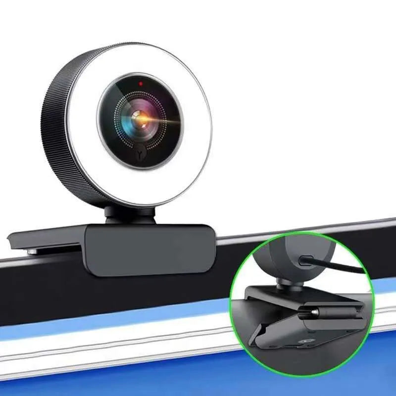 Black USB webcam with fill light for 1080p video conferencing on PC computers