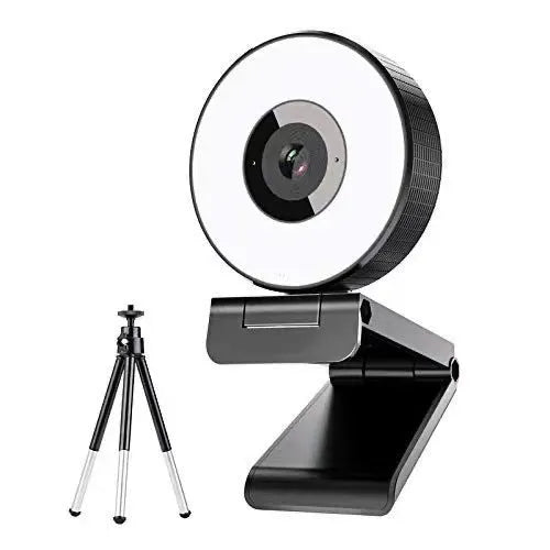 Black USB webcam with fill light for 1080p video conferencing on PC computers