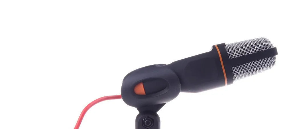 Black wired PC microphone with clip-on holder and long cable for chatting or karaoke.