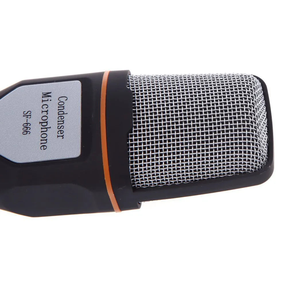 Black wired PC microphone with clip-on holder and long cable for chatting or karaoke.