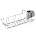 Adjustable stainless steel sink drain rack clipped onto a kitchen faucet with sponge and soap stored on the removable holder
