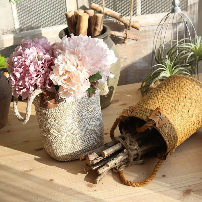 Rural style natural straw woven flower pot for desktop storage, white colour