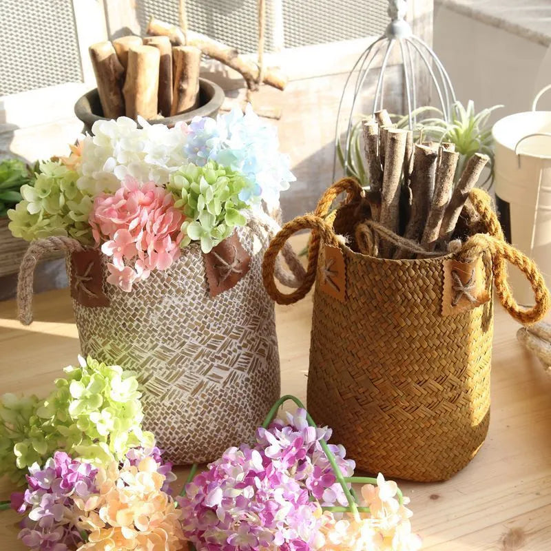 Rural style natural straw woven flower pot for desktop storage, white colour