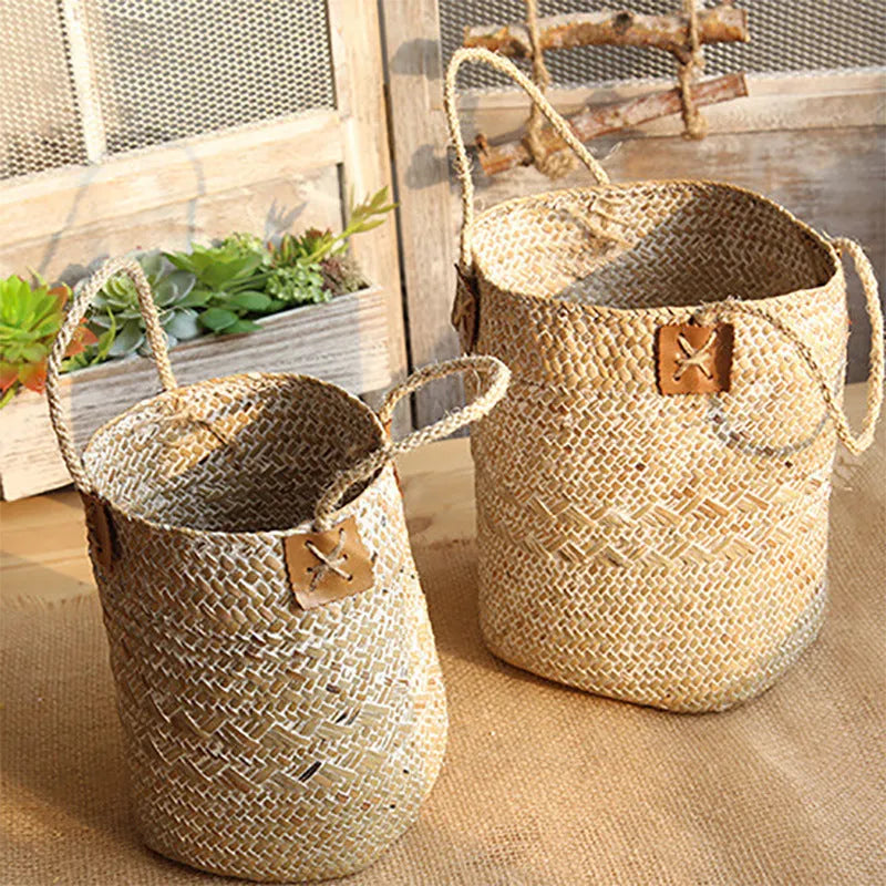 Rural style natural straw woven flower pot for desktop storage, white colour
