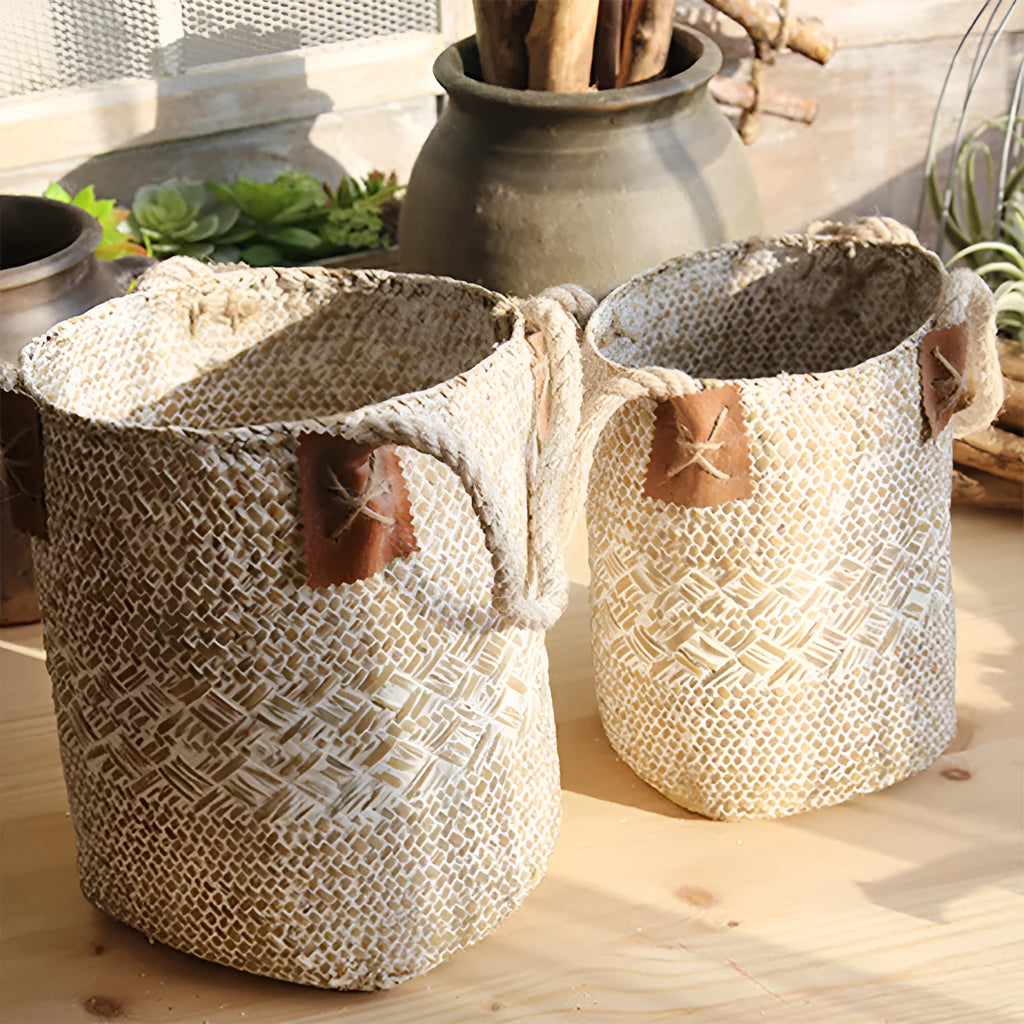 Rural style natural straw woven flower pot for desktop storage, white colour