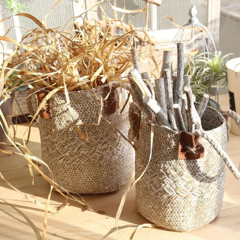 Rural style natural straw woven flower pot for desktop storage, white colour