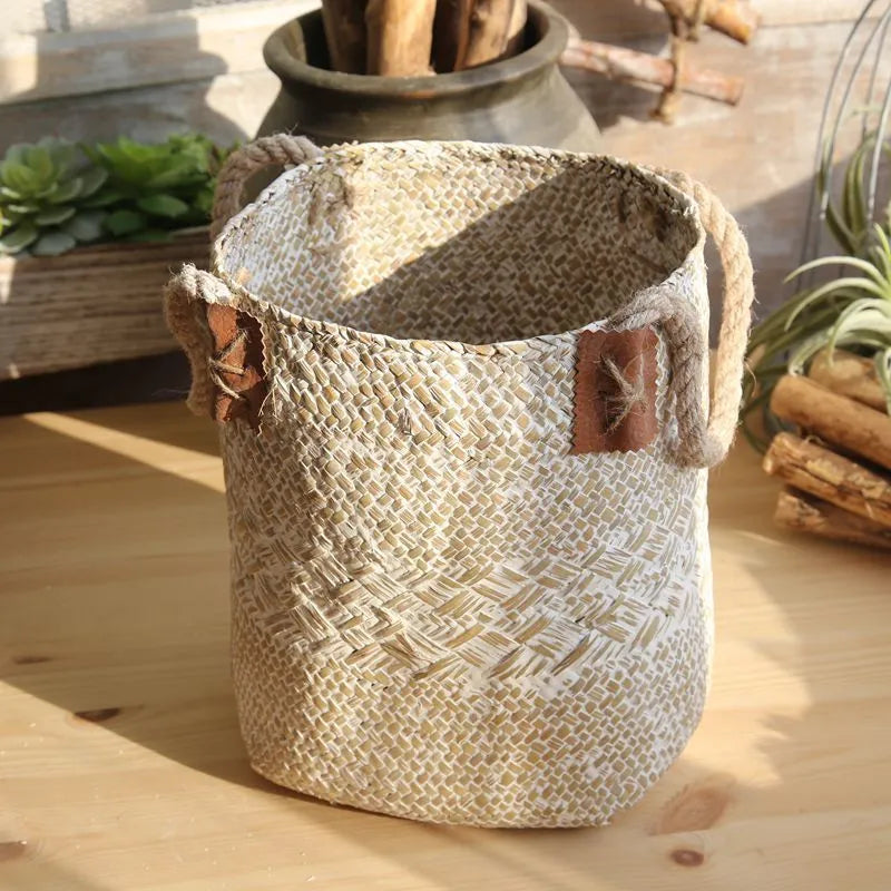 Rural style natural straw woven flower pot for desktop storage, white colour